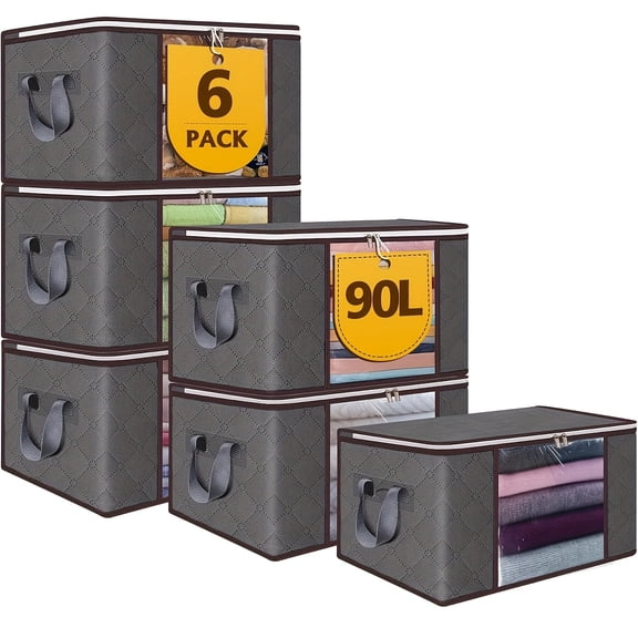 6 Pack Clothes Storage Bags, 23.78gal Storage Containers with Reinforced Handle, Sturdy Zipper, Closet Organizer for Blanket, Comforter, Pillow, Bedding (Grey, 6 Pack), Under-Bed Storage