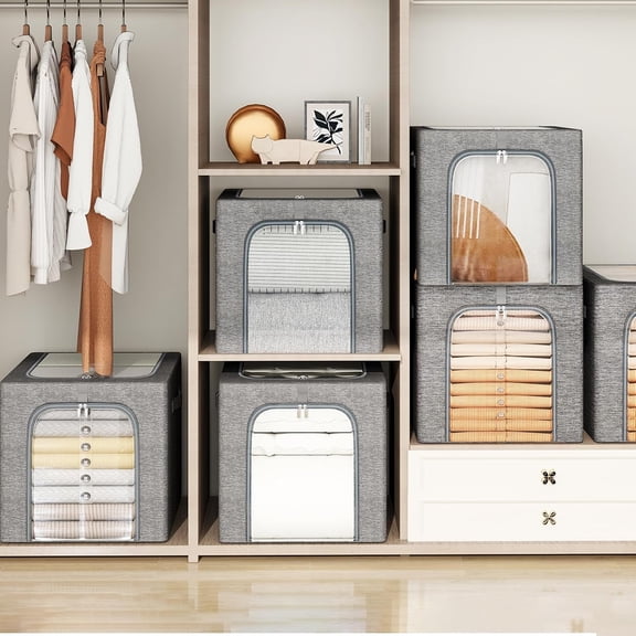 6-Pack Clothes Storage Bin with Metal Frame: Stackable Closet Organizer with Lid & Window for Sweaters Bedding Clothing - 40L Capacity