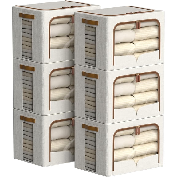 6 Pack Clothes Storage Bins - Foldable Storage Bins for Clothes Fabric Storage Box with Metal Frame (Cream White, 16.5x12.2x12.2 inch)