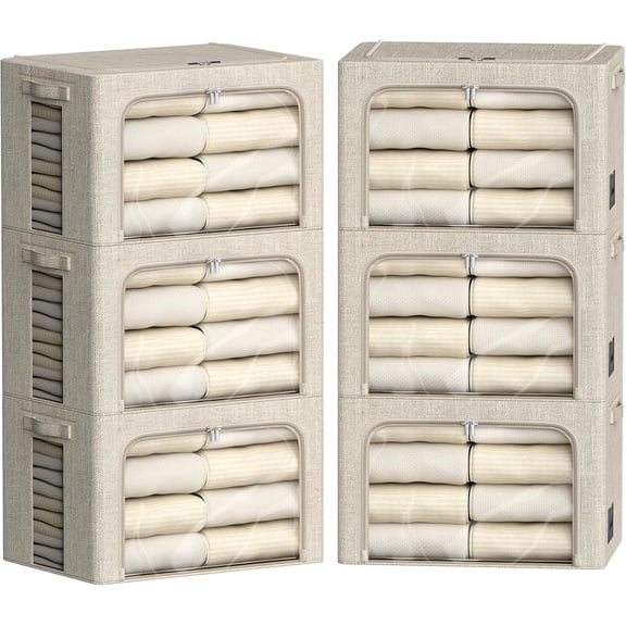 6 Pack Clothes Storage Bins with Metal Frame Foldable Storage Bins for Clothes Linen Fabric Storage Box with Clear Window (Beige, 15.7x11.8x7.8inch(22L))