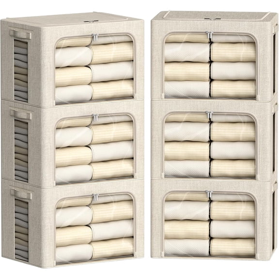 6 Pack Clothes Storage Bins with Metal Frame Foldable Storage Bins for Clothes Linen Fabric Storage Box with Clear Window (Beige, 19.7x15.7x13inch(66L))