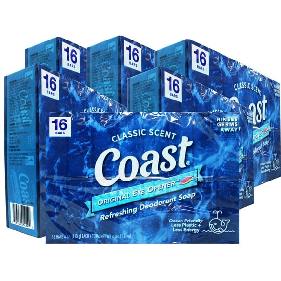 6 Pack - Coast Refreshing Deodorant Soap - Bar Soap with Thick Rich Lather - Clean Rinsing Formula for Fresh, Non-Dry Skin - Classic Scent - 16 x 4 oz