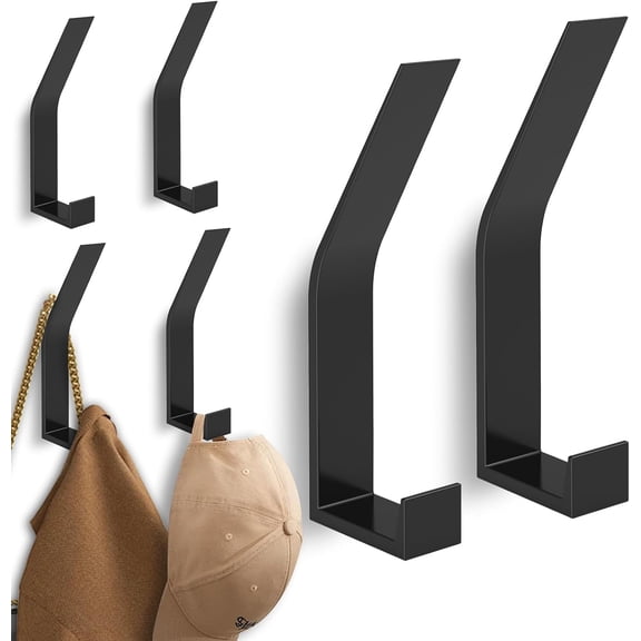 6 Pack Coat Hooks Wall Mount - Heavy Duty Hat Hangers, Large Wall Hooks for Mudroom Entryway Bathroom, Decorative Metal Hook Rack for Hanging Purse, Baseball Cap, Key, Backpack, Towel, Robe (Black)