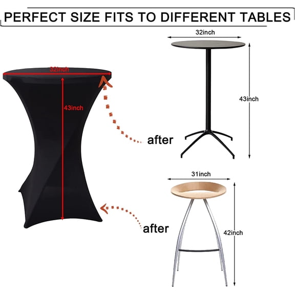 6 Pack Cocktail Spandex Tablecloth, Black Highboy Spandex Cocktail Table Covers 32"x43" Fitted Hightop Tables