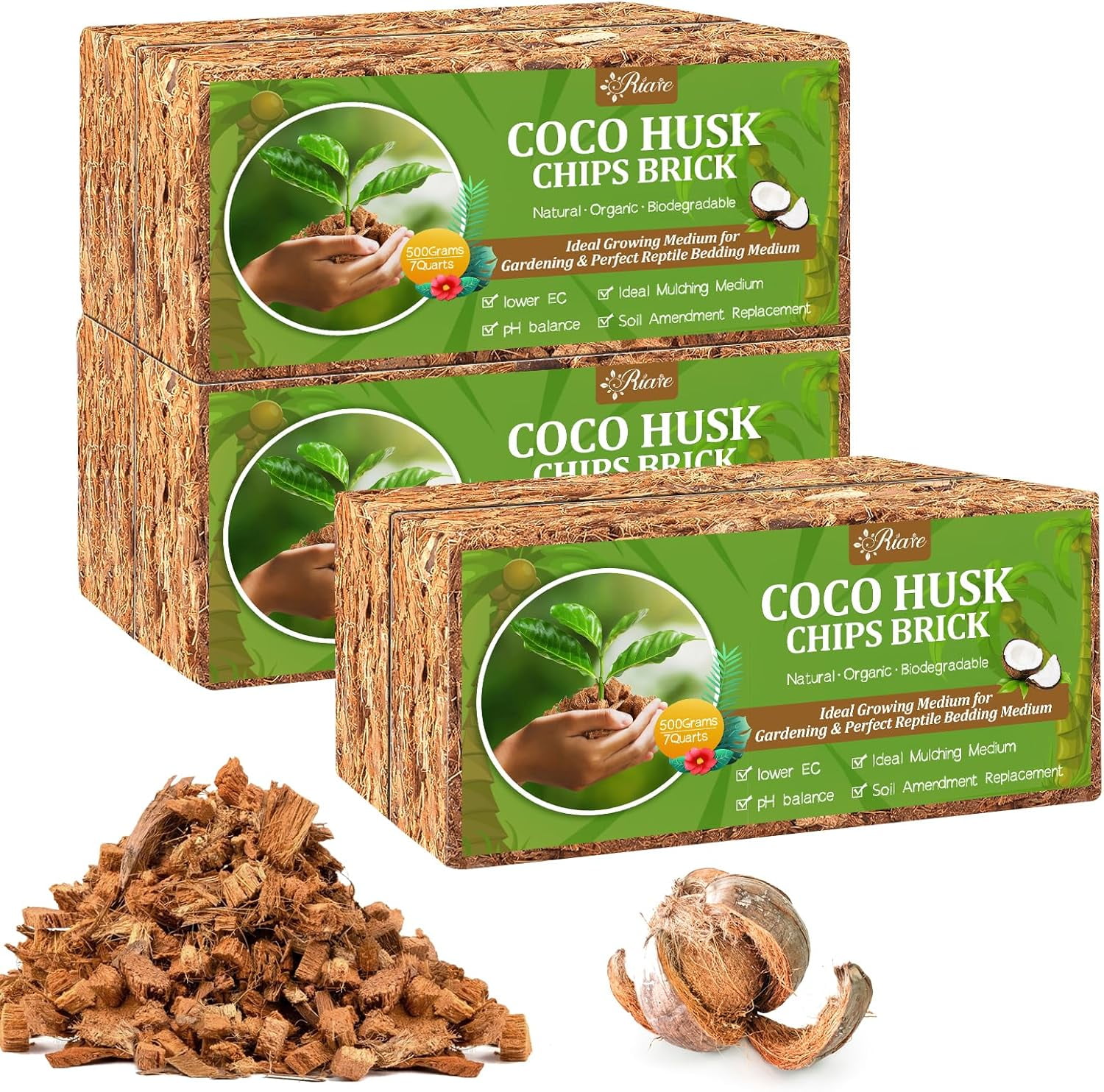 6 Pack Coco Chips Substrate for Plants- 6.6lb 100% Organic Coconut Husk Brick with Low EC and pH Balanced, High Expansion Coconut Substrate Coco Husk Mulch for Garden Flowers, Herbs, Planting