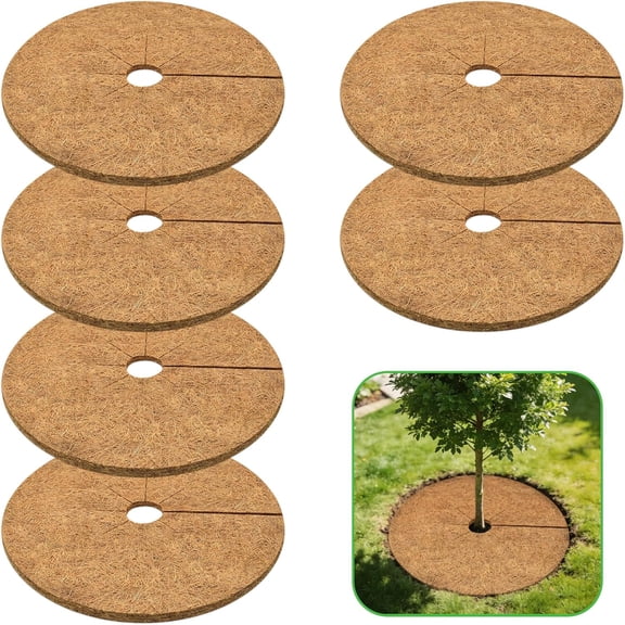 6 Pack Coconut Fiber Mulch Ring, 24 Inch Coco Coir Tree Ring Mulch Mat, 100% Natural Tree Protector Mat Plant Cover Ring Coconut Coir Discs Tree Mats Mulch Rings for Indoor Outdoor Trees Plants