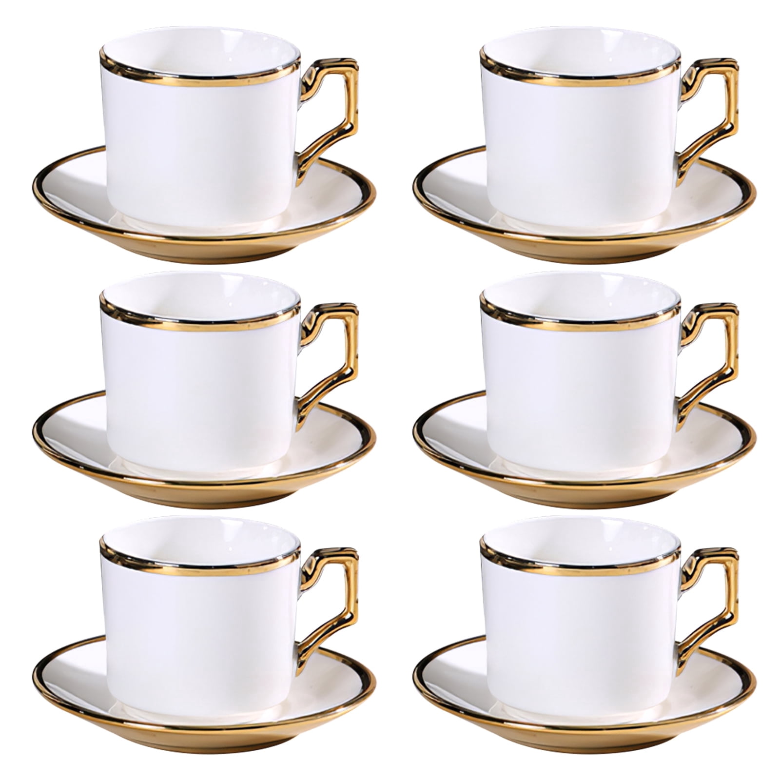 6 Pack Coffee Cup Set - 3oz Ceramic Demitasse Cups with Saucers, Gold-Plated Rim, for Espresso & Turkish Coffee,White