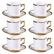 Wanchiy 6-Piece 3 oz White Ceramic Demitasse Cup and Saucer Set with Gold Plated Rim for Espresso and Turkish Coffee Use