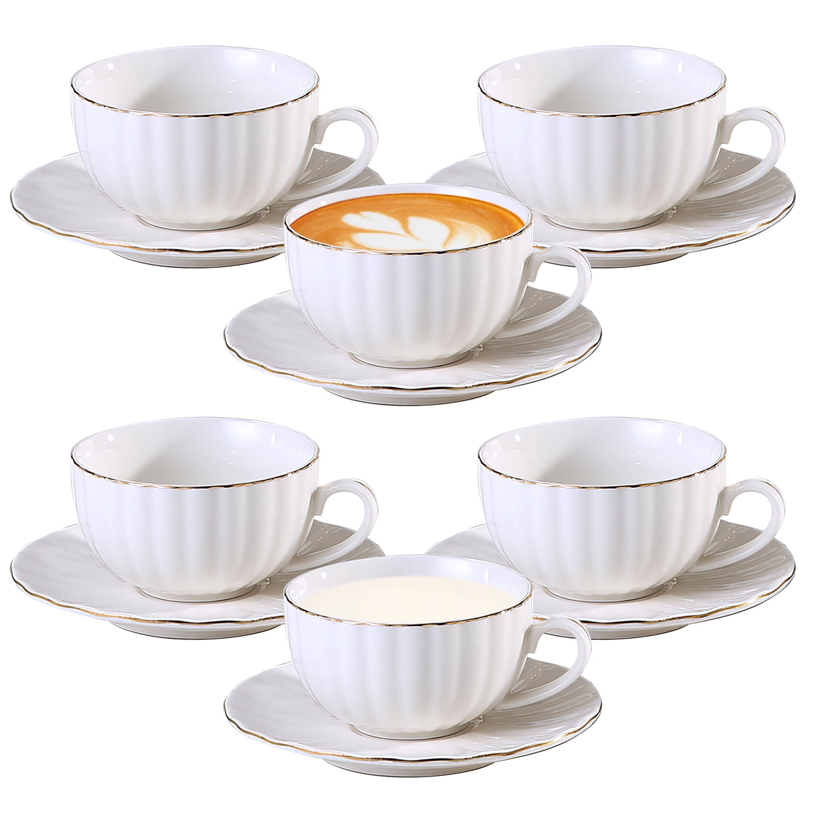 6 Pack Coffee Cup Stripes Printed Set - 3oz Ceramic Demitasse Cups with Saucers, Gold-Plated Rim, for Espresso & Turkish Coffee