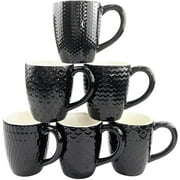 6 Pack Coffee Mug Set Embossed Design, Coffee Cup for Water, Coffee, Milk,Ceramic, Black, 11.8 fl oz