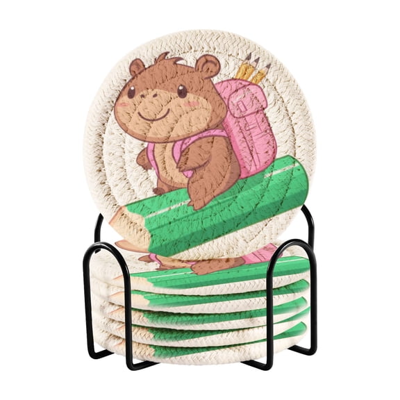 6-Pack Coiled Coasters Set with Storage Rack Heat-Resistant for Home, Office or Gift Cute Brown Capibara (3.94in Diameter)