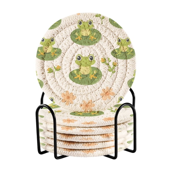 6-Pack Coiled Coasters Set with Storage Rack Heat-Resistant for Home, Office or Gift Cute Frog Pattern (3.94in Diameter)