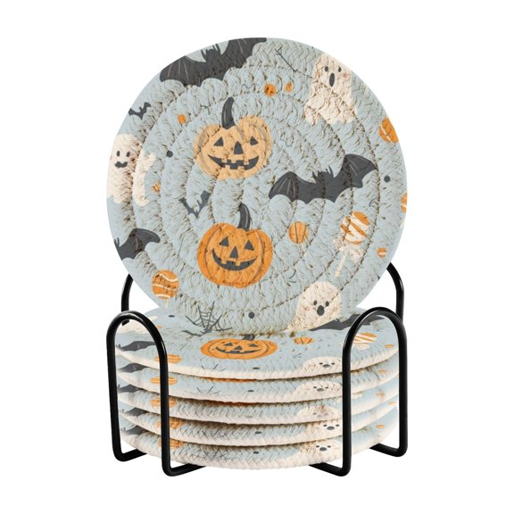 6-Pack Coiled Coasters Set with Storage Rack Heat-Resistant for Home, Office or Gift Cute Halloween-themed Clipart (3.94in Diameter)