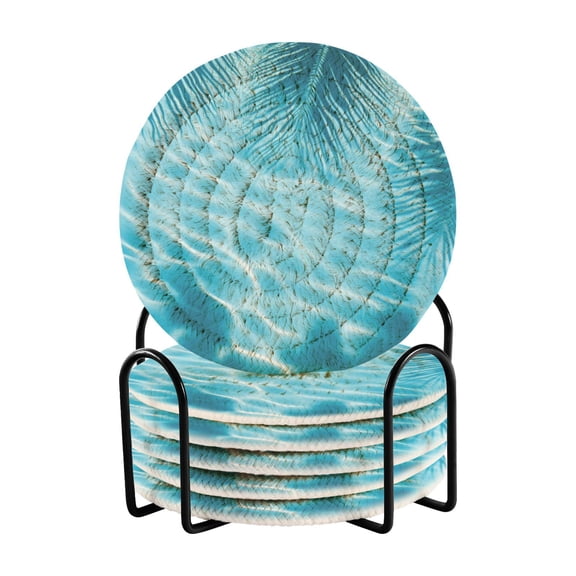 6-Pack Coiled Coasters Set with Storage Rack Heat-Resistant for Home, Office or Gift Light Blue Water Ripples (3.94in Diameter)