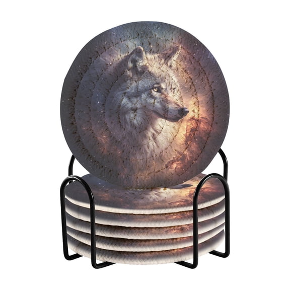 6-Pack Coiled Coasters Set with Storage Rack Heat-Resistant for Home, Office or Gift Majestic Wolf (3.94in Diameter)