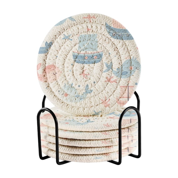 6-Pack Coiled Coasters Set with Storage Rack Heat-Resistant for Home, Office or Gift Pastel Blue Sea Animals (3.94in Diameter)