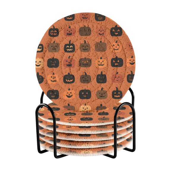 6-Pack Coiled Coasters Set with Storage Rack Heat-Resistant for Home, Office or Gift Pumpkin Funny Face Pattern (3.94in Diameter)