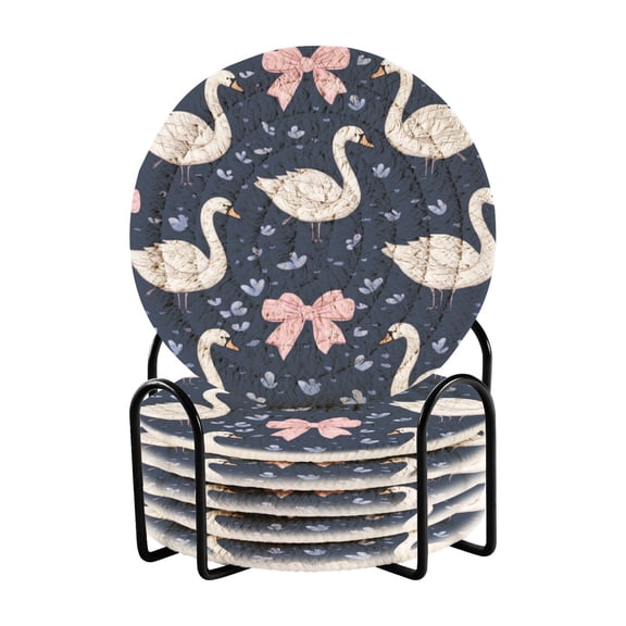 6-Pack Coiled Coasters Set with Storage Rack Heat-Resistant for Home, Office or Gift Swans and Pink Bows (3.94in Diameter)