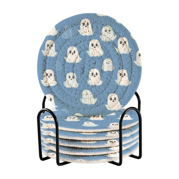 6-Pack Coiled Coasters Set with Storage Rack Heat-Resistant for Home, Office or Gift White Cute Ghost Pattern (3.94in Diameter)