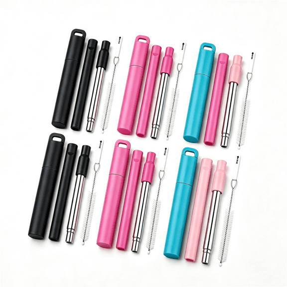 6 Pack Collapsible Stainless Steel Straws with Case - Reusable Metal Drinking Straws with Silicone Tips and Cleaning Brush, Portable Retractable for Travel and Cruise