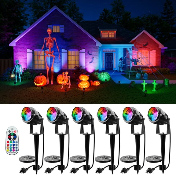 Yinghao 6 pack 120V Color Change Spotlights for Halloween Decor with Remote Waterproof Plug-in Multicolor Landscape Spot Light for Yard, Garden, Ghost