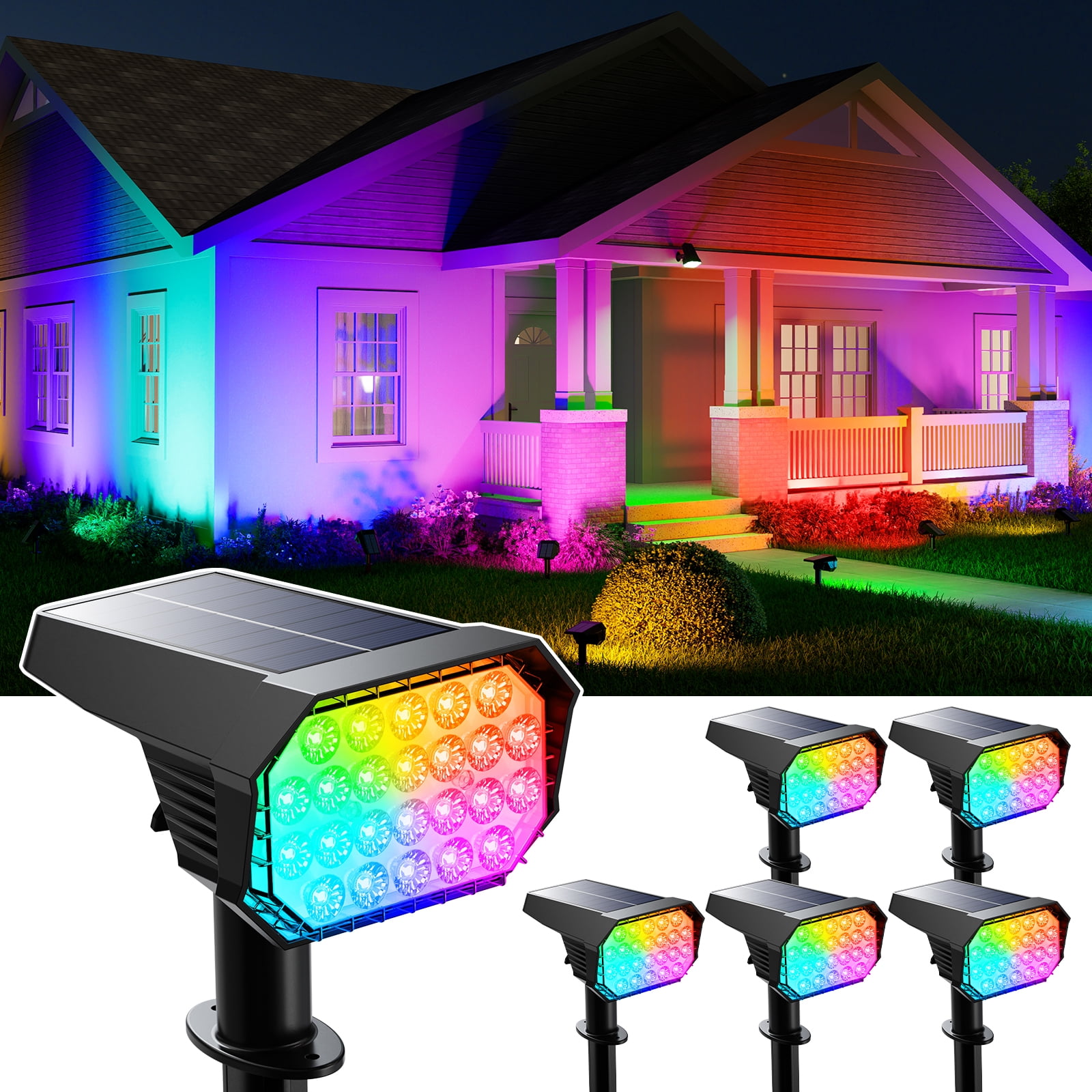 6 Pack Color Change Solar Outdoor Spot Lights Outside Landscape Waterproof 24 LED Spotlights Dusk to Dawn for Christmas Decorations,Tree, Snowman, Elk