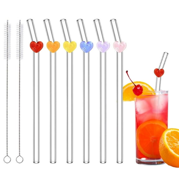 6-Pack Colored Heart Charm Glass Straws– Transparent Decorative Drinking Straws for Party, Wedding, Travel (7.87 Inch)