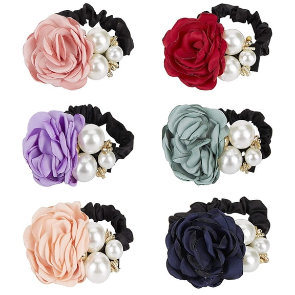 6 Pack Colorful Handmade Pearl Rhinestone Rose Flower Hair Bows Elastics Bands Bubble Hair Ties Stretchy Rubber Hairbands Floral Headbands Scrunchies Ponytail Holder Accessories for Women Girl