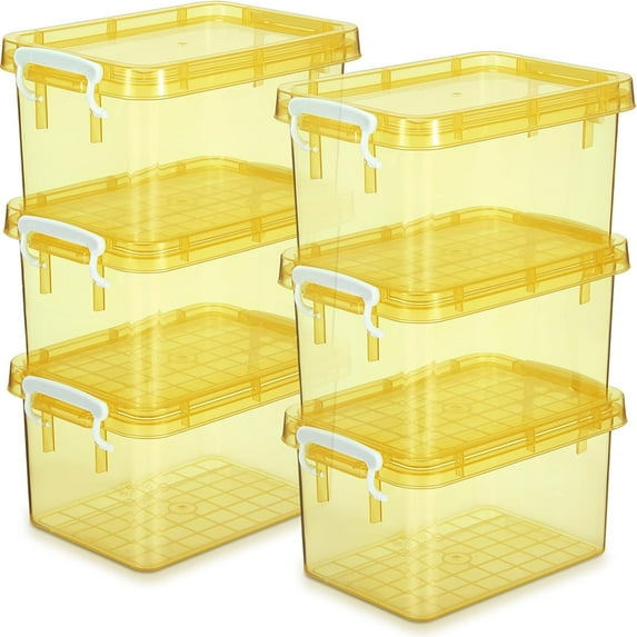 6 Pack Colorful Plastic Storage Bins with Lids 4 Quart Small Storage Latch Box Stackable and Nestable Clear Organizer Bins with Latching Handle and Buckle for Organizing(Yellow)