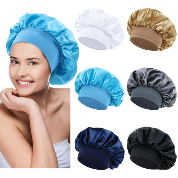 6 Pack Colors Satin Lined Silky Sleeping Bonnets Shower Caps Curly Long Hair Protector Night Large Waterproof Adjustable Wide Brim Band Sleep Hats Hair Wraps for Women Men Girls (Neutral Colors)