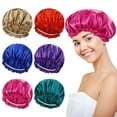 thumbnail image 1 of 6 Pack Colors Satin Silky Sleeping Bonnets Shower Caps Curly Long Hair Protector Night Large Waterproof Adjustable Sleep Hats Hair Wraps for Women Men Girls (Mix Colors), 1 of 4