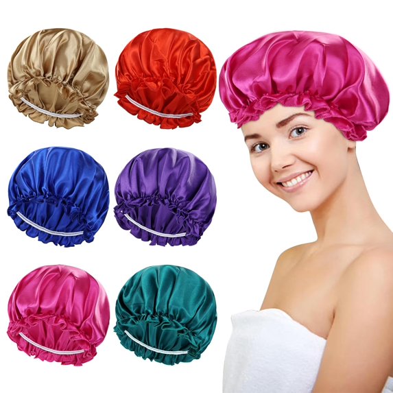 6 Pack Colors Satin Silky Sleeping Bonnets Shower Caps Curly Long Hair Protector Night Large Waterproof Adjustable Sleep Hats Hair Wraps for Women Men Girls (Mix Colors)