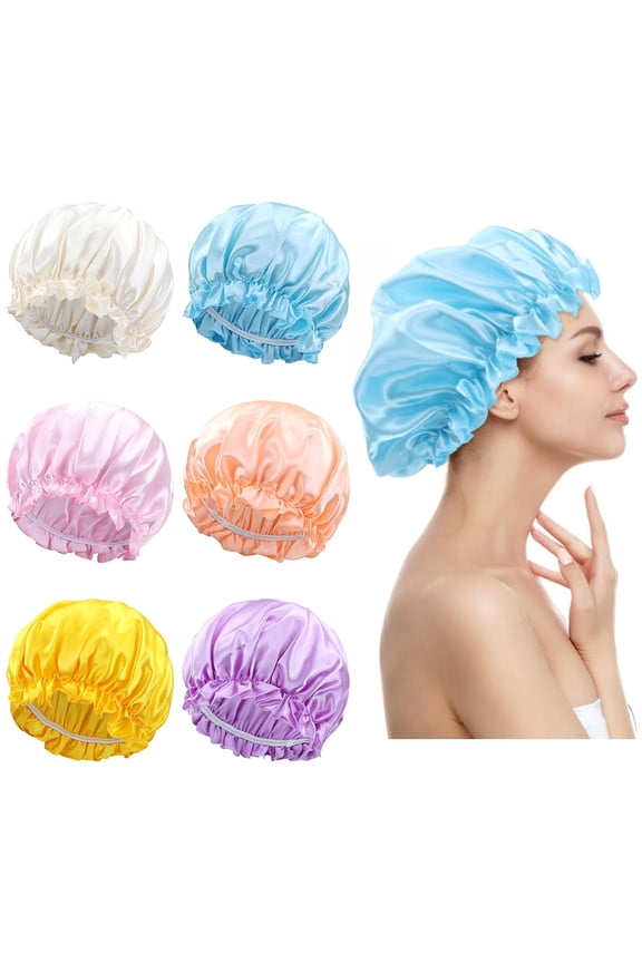 6 Pack Colors Satin Silky Sleeping Bonnets Shower Caps Curly Long Hair Protector Night Large Waterproof Adjustable Sleep Hats Hair Wraps for Women Men Girls (Mix Colors)