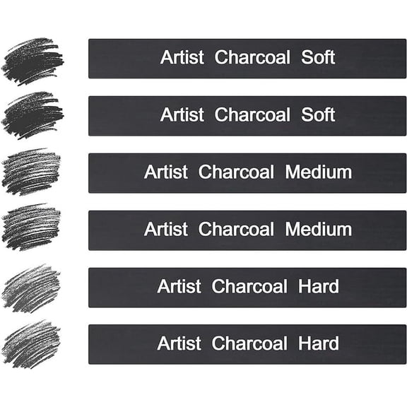 6 Pack Compressed Charcoal Sticks, Vine Charcoal Stick for Drawing, Sketching, Shading, Art Supplies Sketch Kits Tools Soft, Medium and Hard Grade