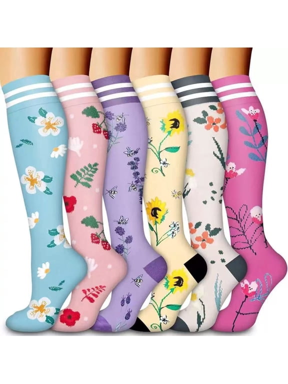 6 Pack Compression Socks for Women and Men Sport Compression Knee High Socks for Running,Travel,Athletic(L/XL)