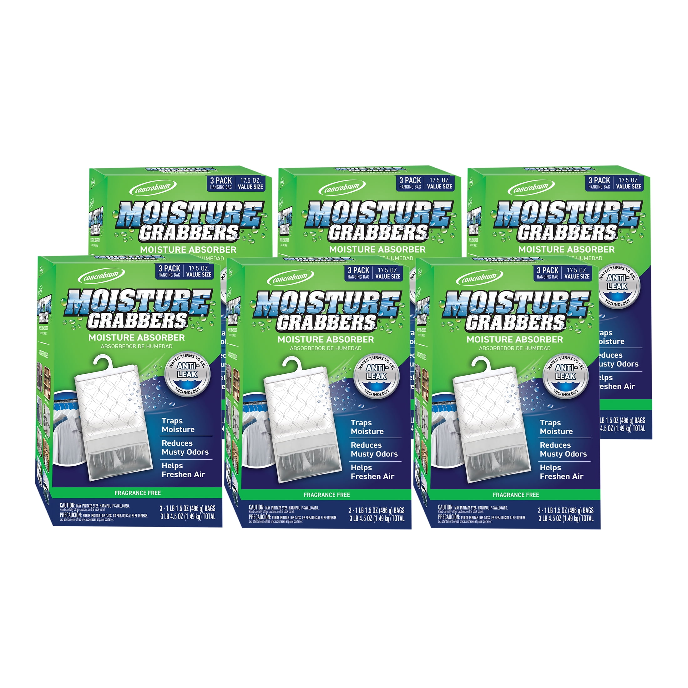 6 Pack, Concrobium Moisture Grabbers Hanging Bags, Fragrance Free, 3 Pieces