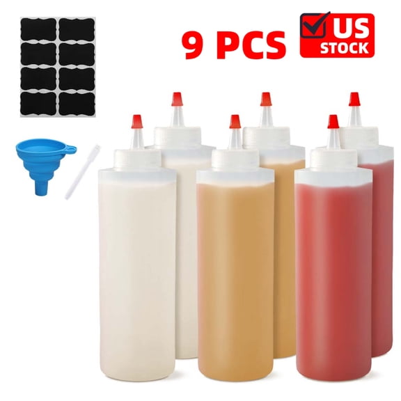 6-Pack Condiment Squeeze Bottles for Sauces - Includes Funnel, Erasable Marker & Reusable Labels, Perfect for Salad Dressings, Liquids, and Ketchup, Durable Plastic 16 oz Bottles