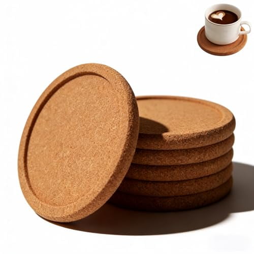6-Pack Cork Coasters,4 Inch Absorbent Reusable Beverage Coasters with Lip,Heat Resistant Non-Slip Cup Pads for Glasses Mugs,Natural Wood Table Protectors