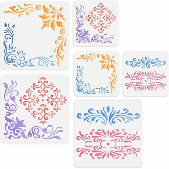 6 Pack Corner Stencil Templates Reusable Plastic Damask Border Stencils for Painting on Wood Wall Floor Fabric Glass Furniture DIY Home Decor Craft Stencils for DIY
