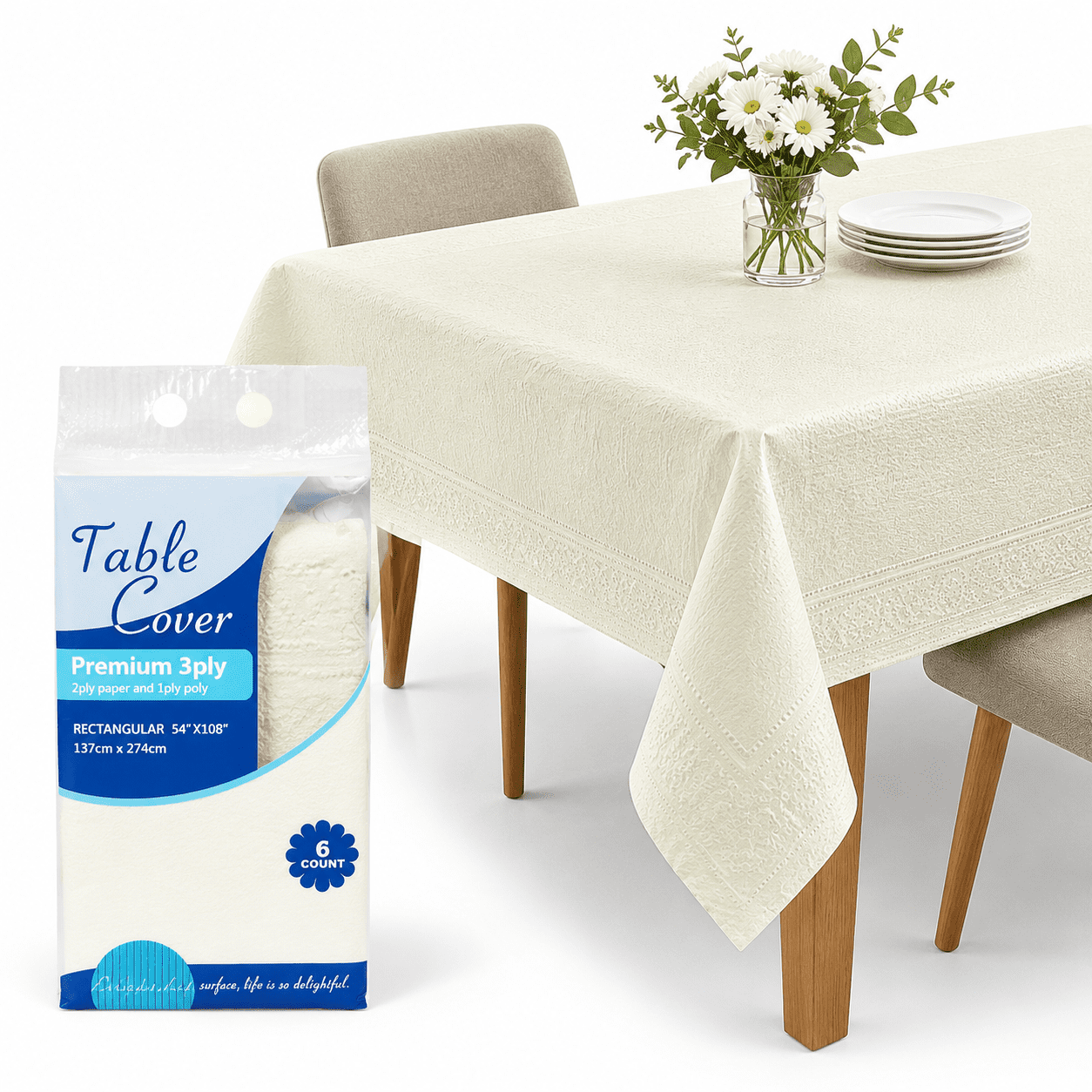 [6 Pack] Cream White Paper Tablecloth Disposable For Rectangle Tables ...