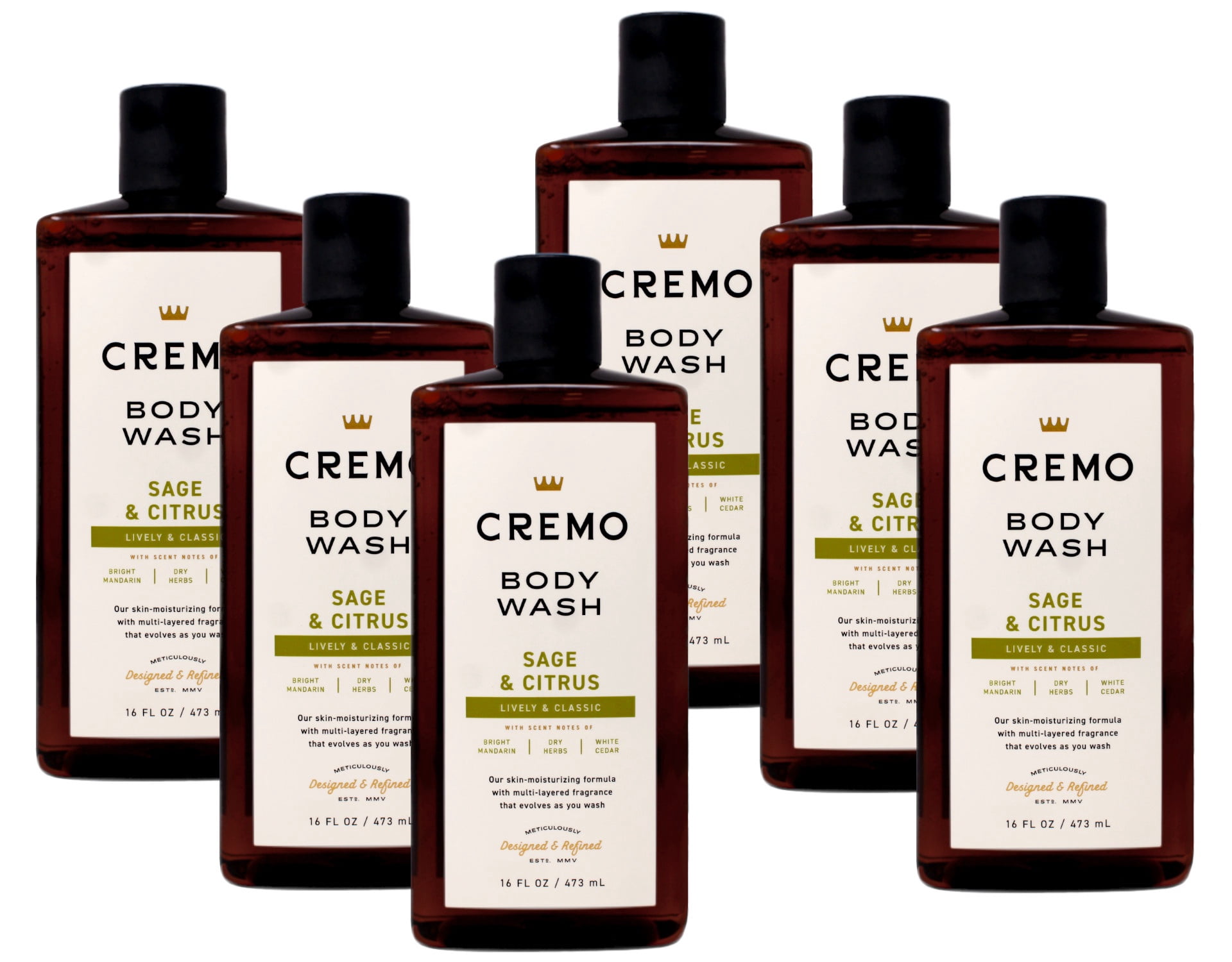 6 Pack - Cremo Body Wash for Men, Sage & Citrus – Bright Mandarin, Dry Herbs & White Cedar, 16 Fl Oz