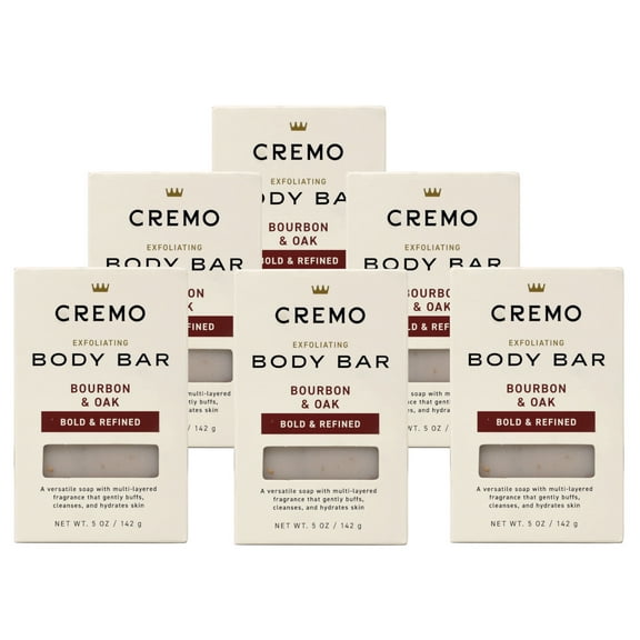 6 Pack - Cremo Exfoliating Body Bar for Men, Bourbon & Oak Scent, Multi-Layered Fragrance That Buffs, Cleanses and Hydrates Skin, 5 OZ