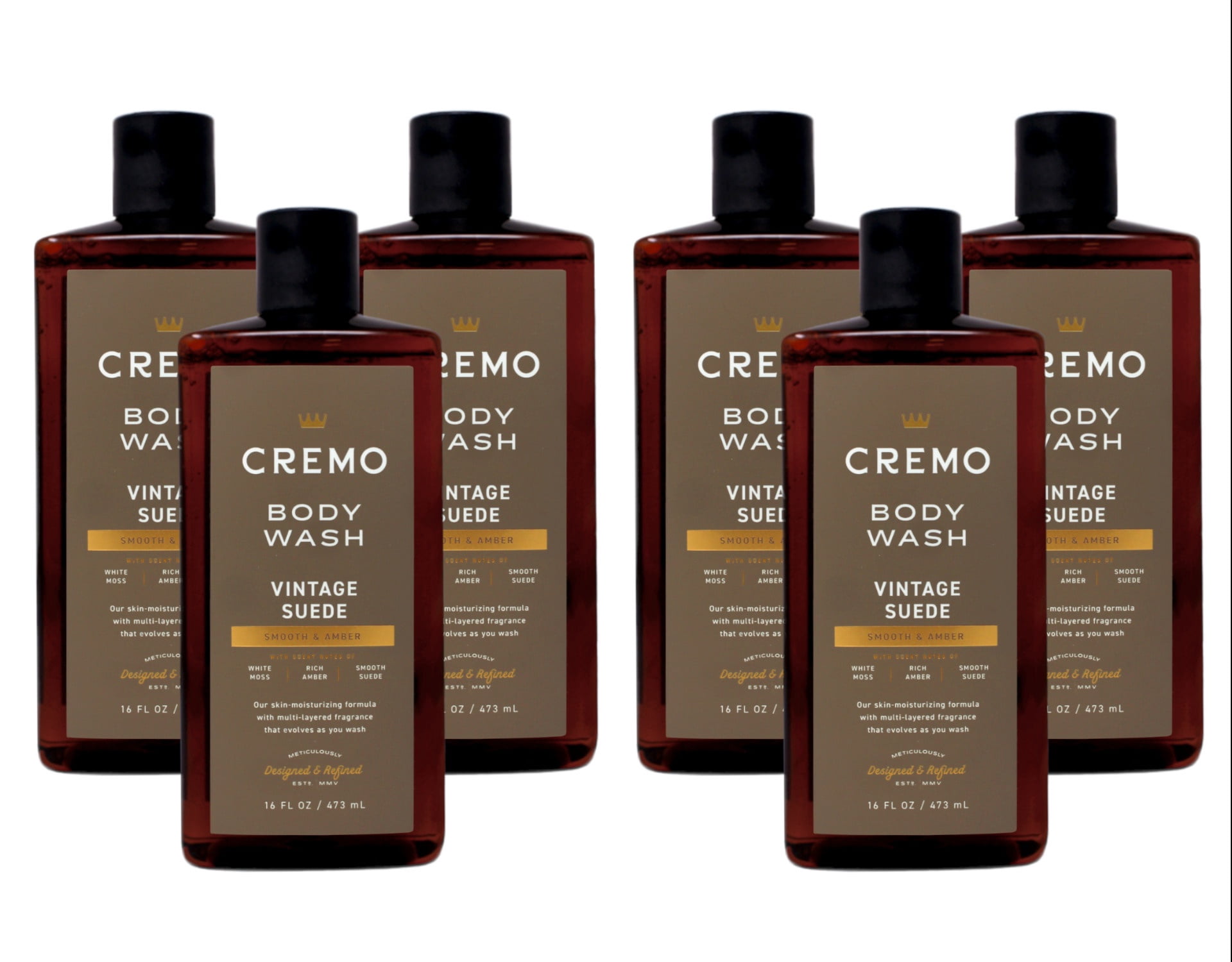 6 Pack - Cremo Vintage Suede Body Wash with Scent Notes of White Moss, Rich Amber, and Smooth Suede, 16 Fl Oz