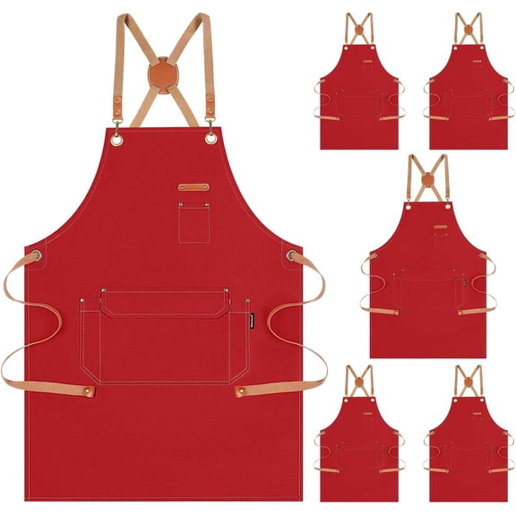 6 Pack Cross Back Chef Apron with Pockets Cotton Canvas for Kitchen Cooking Baking Painting Garden Red M to XXL