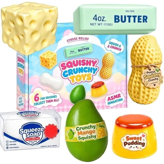 6 Pack Crunchy Squishy Box Non-Rebound Crunchy Squishies Mystery Fun Set Butter Peanut Pudding Soap Cheese Mango ASMR Filled Squeeze Stress Ball Sensory Toys for Adults Kids