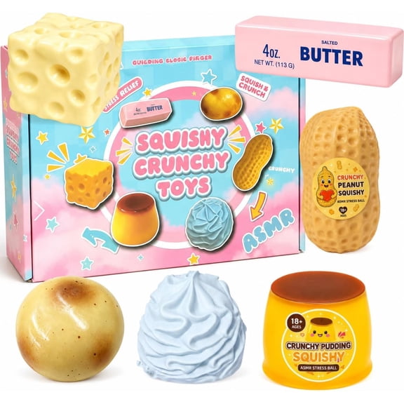 6 Pack Crunchy Squishy Toy Set Butter Peanut Pudding Cream Cheese Potato Cream Shaped ASMR Crunch Filled Slow Rebound Stress Relief Squeeze Balls For Adults Crazy Gifts for Fun