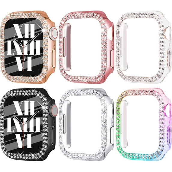 6-Pack Crystal Rhinestone Bumper with Apple Watch Case for Series 6 5 4 3 2 1 SE Bling Face Cover Sparkling Frame for iWatch Women Girls (40mm, Black/Silver/Rosegold/Pink/Rainbow/Clear)