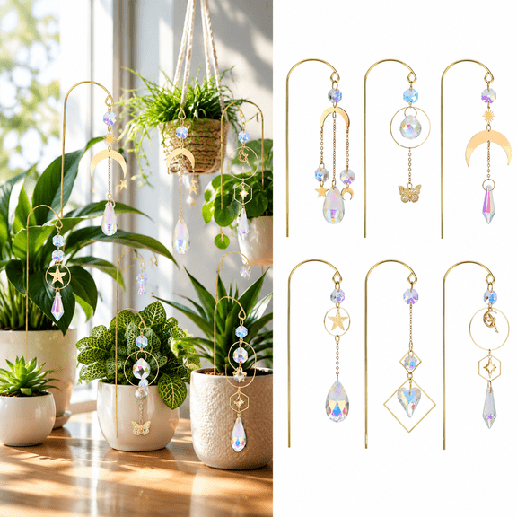 6 Pack Crystal Suncatcher Trellis for Potted Plants, Beaded Indoor Plant Stakes, Sun Catcher Plant Decor, Decorative Crystal Plant Accessories for Pots
