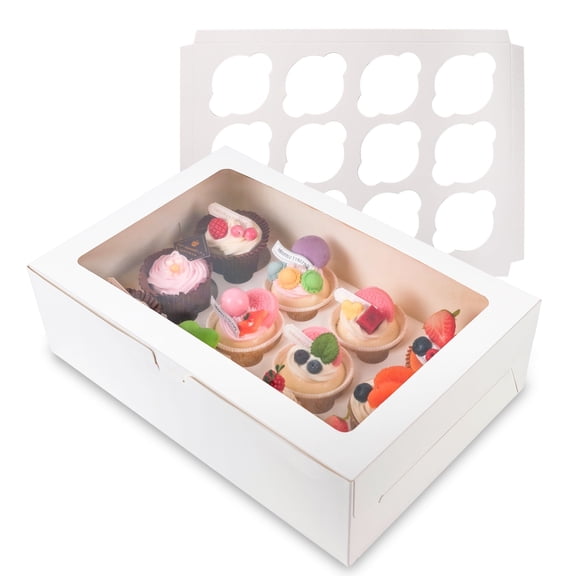 6-Pack Cupcake Boxes with Window, 12 Count Food Grade Cardboard Containers for Muffins & Desserts, 13.4x10x4 Inch (White)