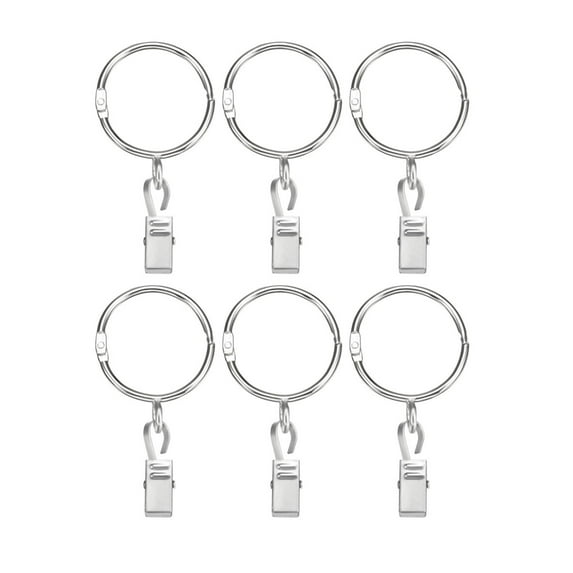 6 Pack Curtain Clips Rings Strong Metal Drapery Shower Curtain Ring with Clips Rustproof 1.5" Interior Dia. Silver